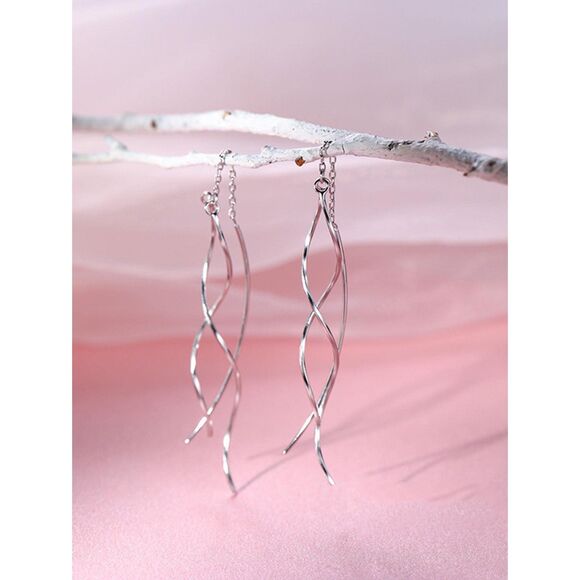 Long Silver Twist Design Drop Earrings Dangle Chandelier Statement Swirl Unusual - Picture 4 of 5